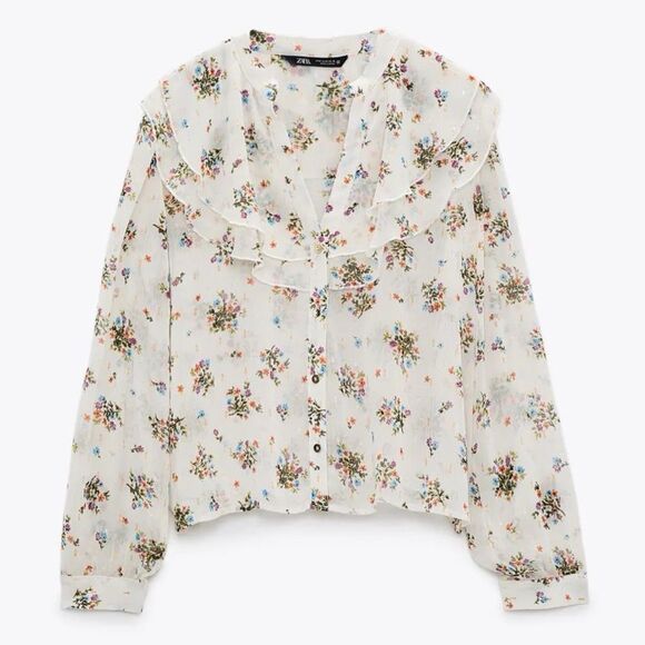 Zara Tops - ZARA RUFFLED FLORAL SEMI SHEER BLOUSE